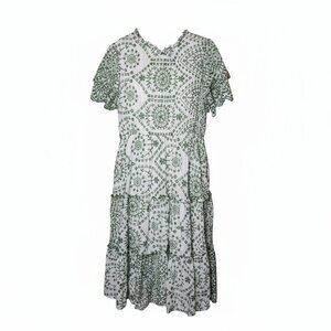 Baltic Born Green/White Boho Tiered Midi Dress |Flutter Sleeve | Size 1XL